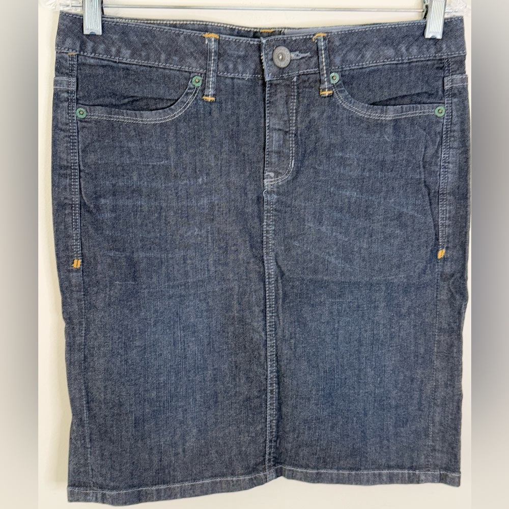 Converse Blue Denim mini Skirt zip front back pockets white outer stitching SZ 4